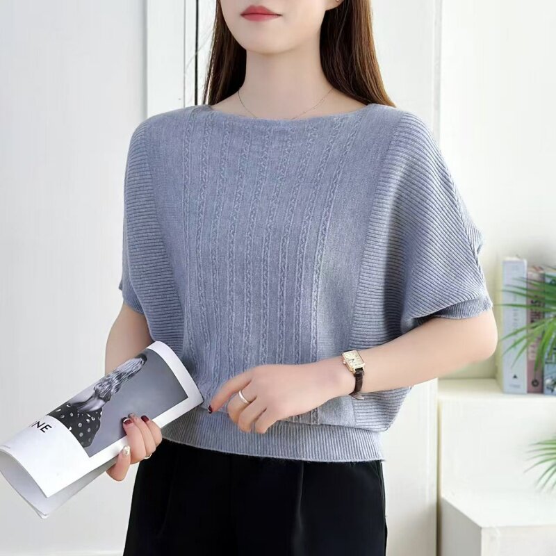 韩系慵懒风针织宽松短袖T恤女图片