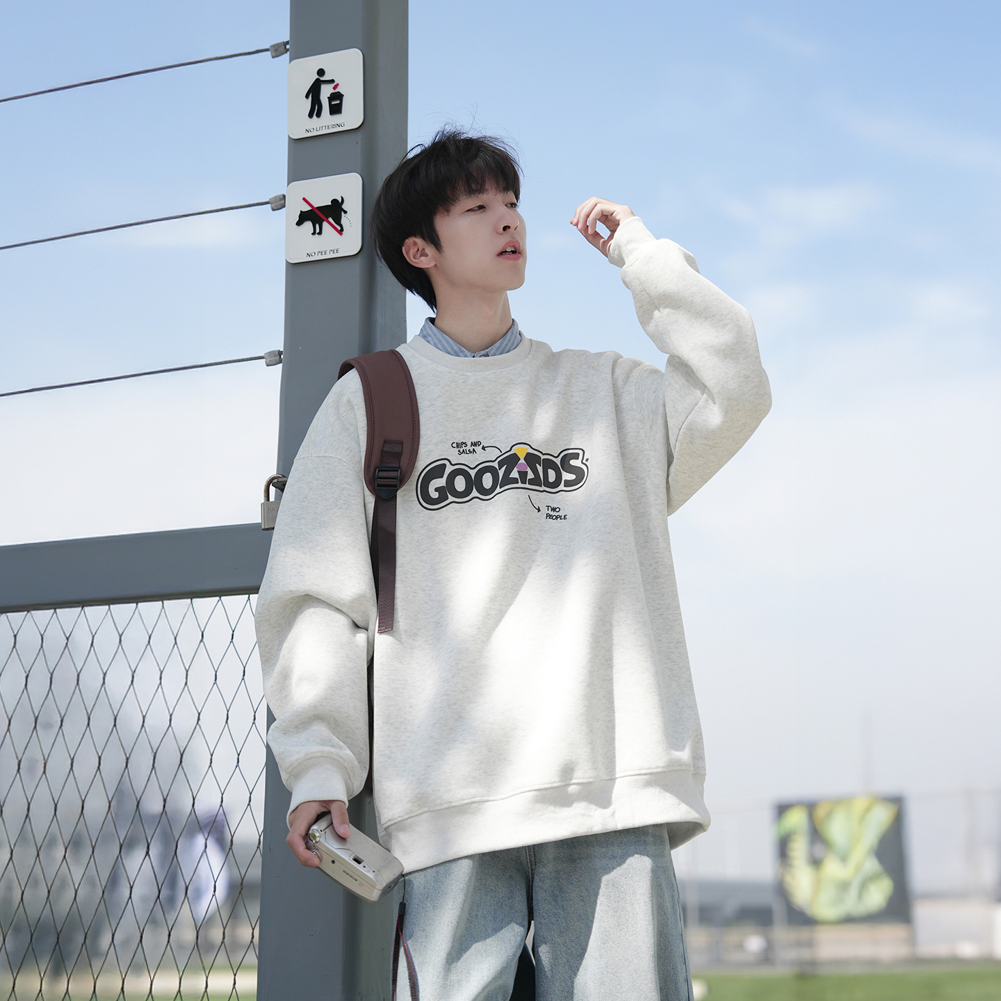 @港仔文艺男 420g重磅印花圆领卫衣男秋冬美式青少年套头打底上衣