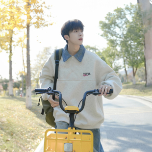 港仔文艺男420g重磅刺绣半拉链卫衣男春秋美式 男生撞色polo领外套