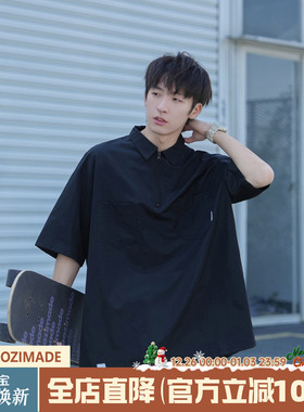 GOOZI MADE日系黑色半拉链短袖衬衫男夏季速干polo领宽松工装衬衣