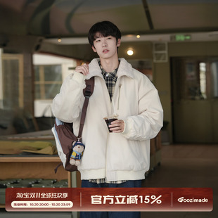 @港仔文艺男 拼接羊羔毛棉服男冬季加厚外套日系翻领拉链工装棉衣
