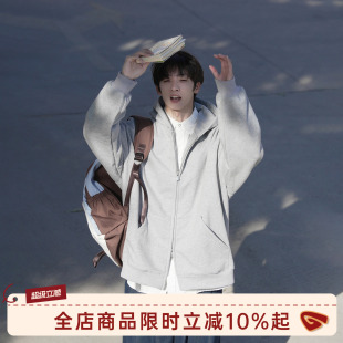卫衣男春秋新款 青少年廓形双拉链连帽外套 MADE重磅灰色开衫 GOOZI