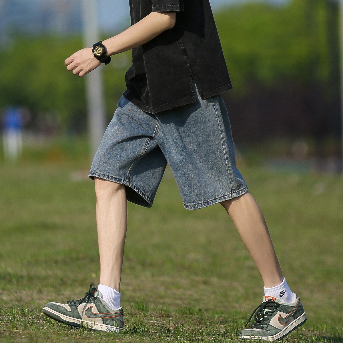 @港仔文艺男 牛仔短裤男夏季男士宽松薄款裤子男生工装五分裤男款