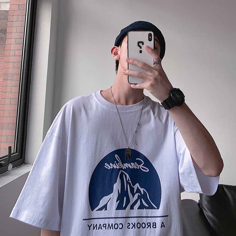 @港仔文艺男 嘻哈男生印花套头短袖T恤潮牌潮流个性五分袖衣服夏限时抢购