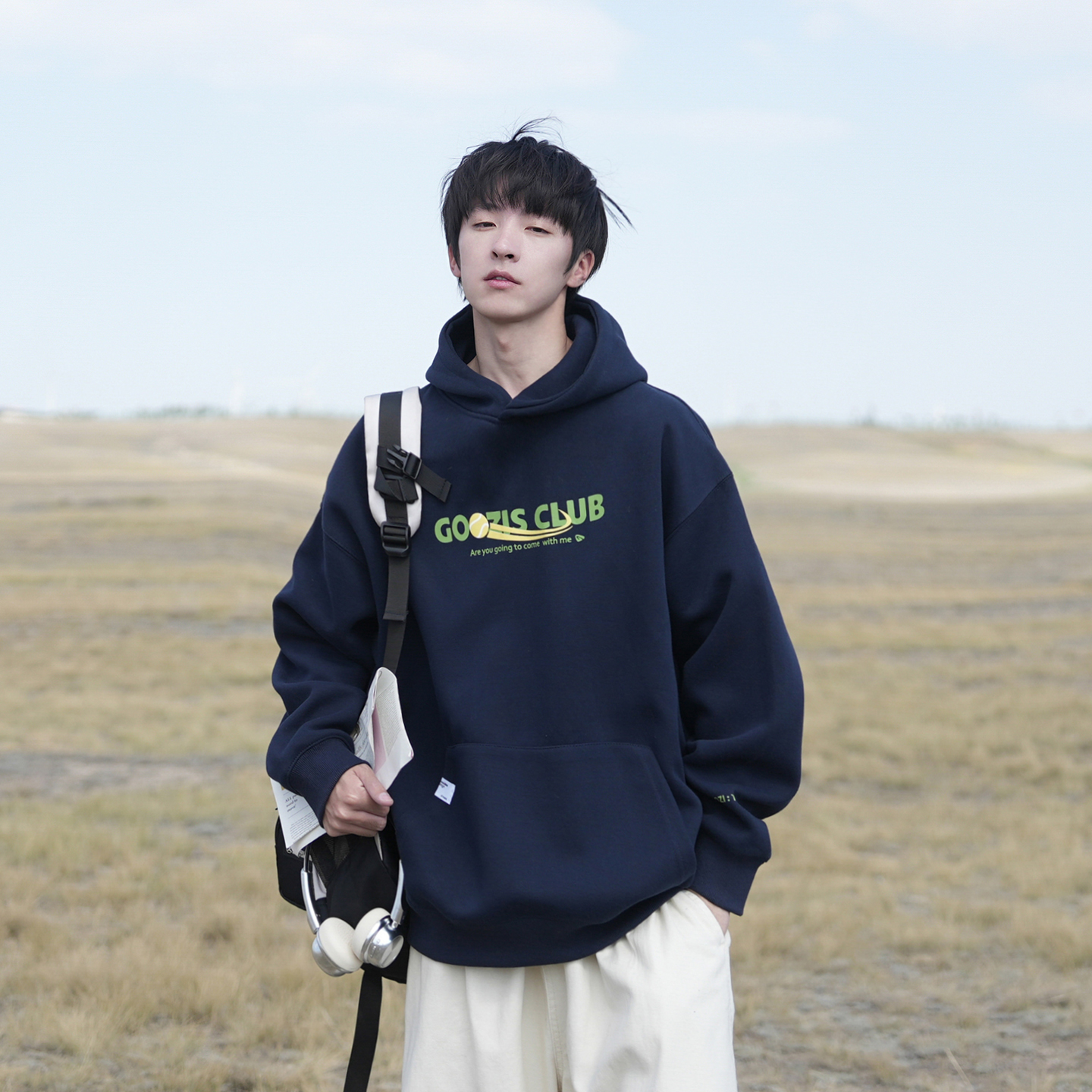 @港仔文艺男 重磅藏青色连帽卫衣男秋季男生宽松运动印花帽衫外套