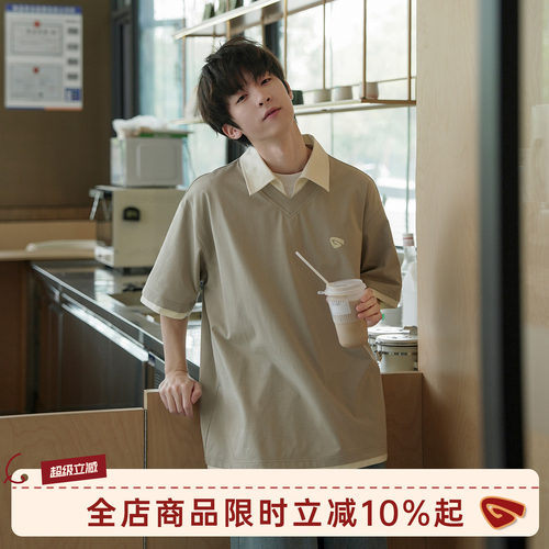 GOOZIMADE假两件V领短袖T恤夏