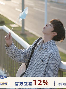 GOOZI MADE 蓝色格子长袖衬衫男春季少年感廓形百搭格纹衬衣外套