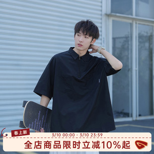 GOOZI MADE日系黑色半拉链短袖衬衫男夏季男生polo领宽松工装衬衣