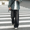 男生直筒微喇裤 男秋冬加绒加厚美式 子 水洗黑色牛仔裤 @港仔文艺男