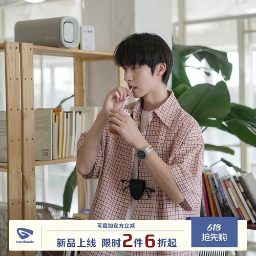 GOOZIMADE口袋格子短袖衬衫男夏
