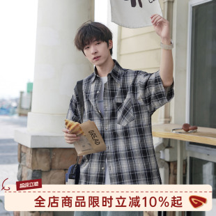 GOOZI MADE 日系格子短袖衬衫男夏季男友风穿搭纯棉翻领半袖衬衣