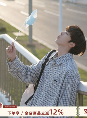 GOOZI MADE 蓝色格子长袖衬衫男春季少年感廓形百搭格纹衬衣外套