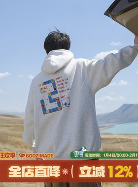 @港仔文艺男 440g重磅灰色连帽卫衣男秋冬美式复古趣味印花外套