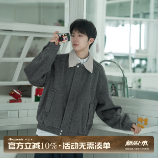 GOOZI MADE 羊毛混纺翻领毛呢外套男秋季复古拼接通勤巴恩风夹克