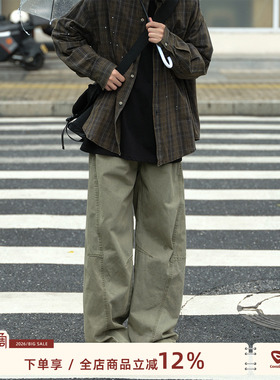 @港仔文艺男 工装裤男春季日系男生直筒宽松绿色休闲弯刀裤子男款