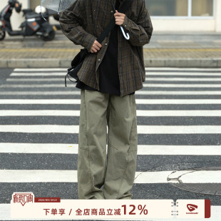 工装 子男款 裤 日系男生直筒宽松绿色休闲弯刀裤 男春季 @港仔文艺男