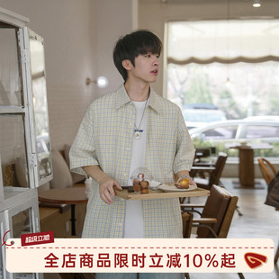 GOOZI MADE 日系少年感格子短袖衬衫男夏季纯棉宽松男生衬衣外套