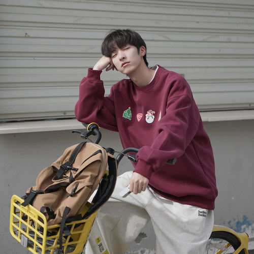 圣诞毛巾绣卫衣男重磅套头衫