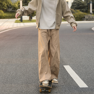 港仔文艺男日系卡其色休闲裤男秋冬加绒加厚宽松直筒束脚工装裤子