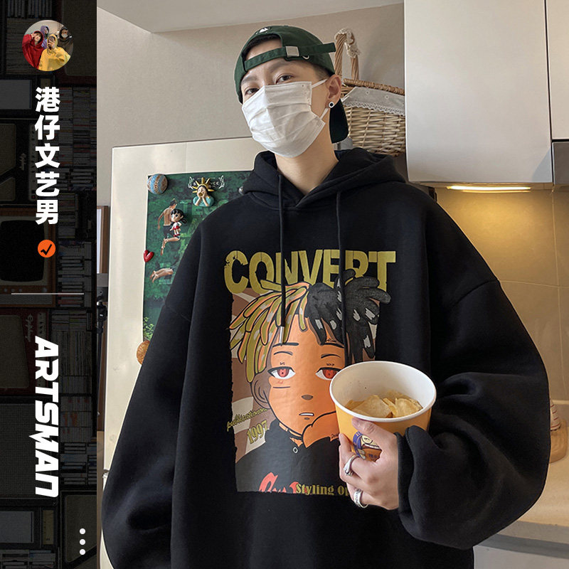 重磅卡通印花连帽卫衣男秋冬加绒美式复古潮牌嘻哈高街男生外套在类目 男装, 卫衣中 - 来自Buy2taobao.com提供专业的淘宝代购服务
