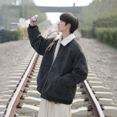 美拉德皮棉服男冬加绒加厚羊羔绒