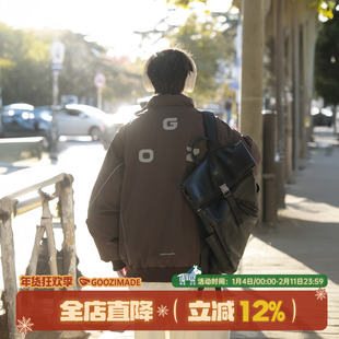 GOOZI MADE反光条格子棉服男冬季加厚短款面包服美式立领棉衣外套