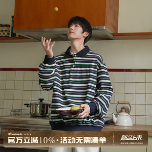 GOOZI MADE 复古条纹polo领卫衣男秋季学院风亨利领宽松套头上衣