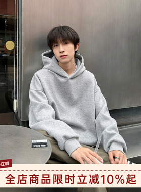 港仔文艺男灰色卫衣连帽男春季短款美式cleanfit重磅男生帽衫男款