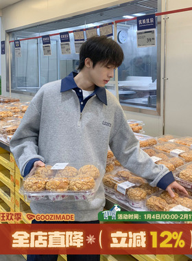 GOOZI MADE假两件POLO领卫衣男春季重磅美式宽松撞色翻领无帽上衣