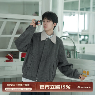 GOOZI MADE 羊毛混纺翻领毛呢外套男秋季复古拼接通勤巴恩风夹克
