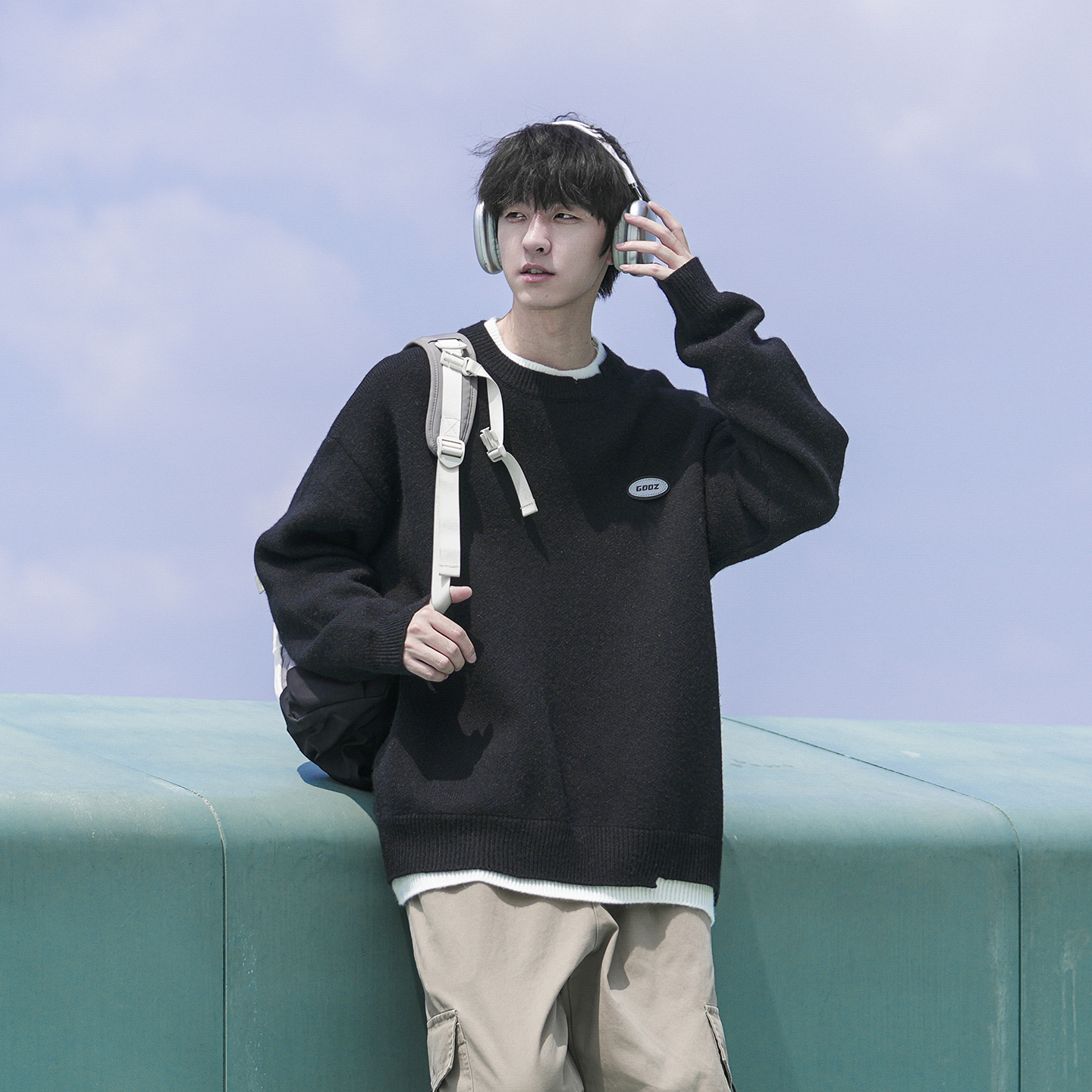 @港仔文艺男 日系纯色圆领毛衣男秋冬季打底毛线衣男生套头针织衫