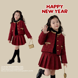 韩国女童套装裙冬季2025新款儿童洋气时髦中大童秋冬装百褶裙外套