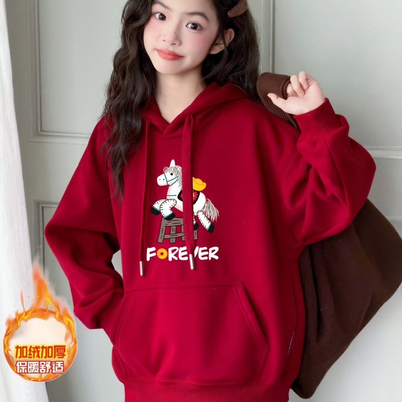 女童加绒卫衣2026新年喜庆卡通小马印花加厚时髦红色国潮风上衣潮,童装/婴儿装/亲子装,卫衣/绒衫,淘宝优惠券,粉丝福利购,淘宝优惠卷