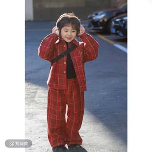 男童新年红色格子套装2026新款儿童加绒外套过年衣服炸街帅气时髦