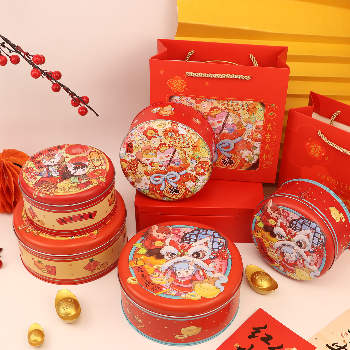 2026新年马年生肖圆罐曲奇饼干可可脆糖果礼品马口铁圆形包装铁盒