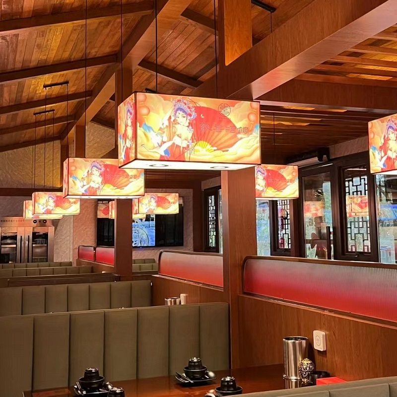 新中式长方形吊灯国潮风餐饮火锅店茶楼定制装饰灯笼餐桌灯带射灯