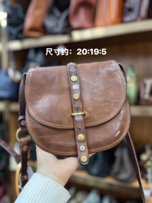 制道植鞣牛皮洗水小鱼皮复古马鞍包单肩斜挎包L13144