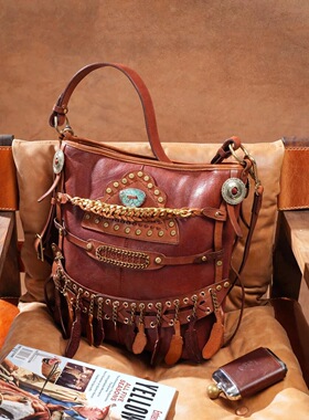 制道重工民族风托特包复古小鱼皮羽毛包单肩斜挎包高级通勤L11669