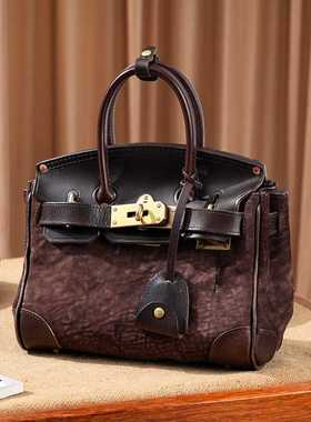 制道马臀爆珠铂金咖色手提包单肩斜挎包商务通勤包复古风L14049