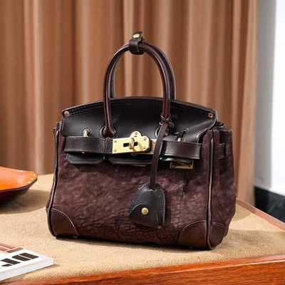 制道马臀爆珠铂金咖色手提包单肩斜挎包商务通勤包复古风L14049