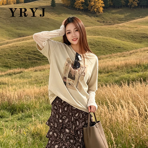 YRYJ度假风假两件落肩袖T恤女