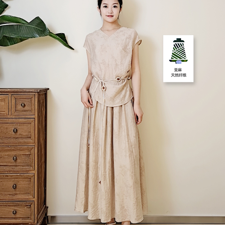 YRYJ女装商场同款2025夏新时尚亚麻短袖上衣半身裙套装8552025053