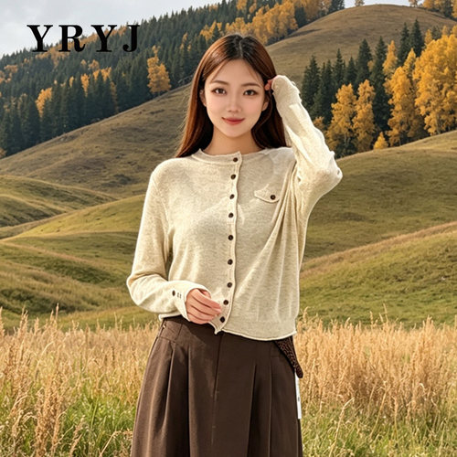 YRYJ轻熟风米白圆领针织开衫女