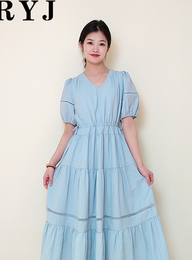 YRYJ女装商场同款2025夏款通勤休闲减龄蓝色V领连衣裙6451021581