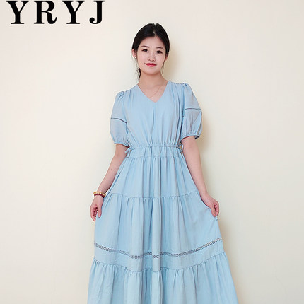 YRYJ女装商场同款2025夏款通勤休闲减龄蓝色V领连衣裙6451021581
