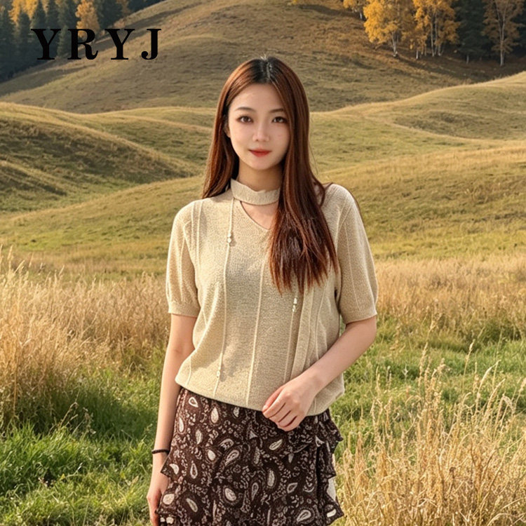 YRYJ韩系风挂脖飘带短袖针织衫女镂空设计感上衣363003017