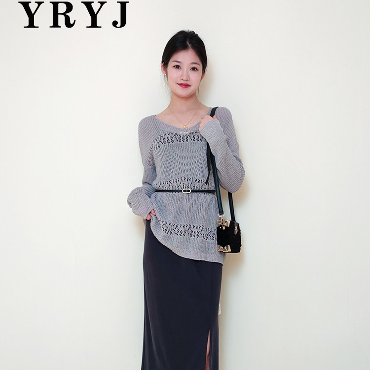 YRYJ女装商场同款春夏休闲渔网编织衫吊带群两件套群女7351025997