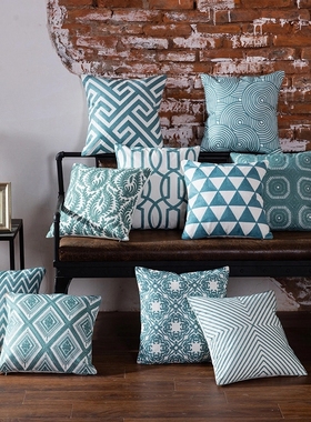 蓝色全棉毛线刺绣花布艺抱枕沙发样板房床头靠垫套 decor cushion