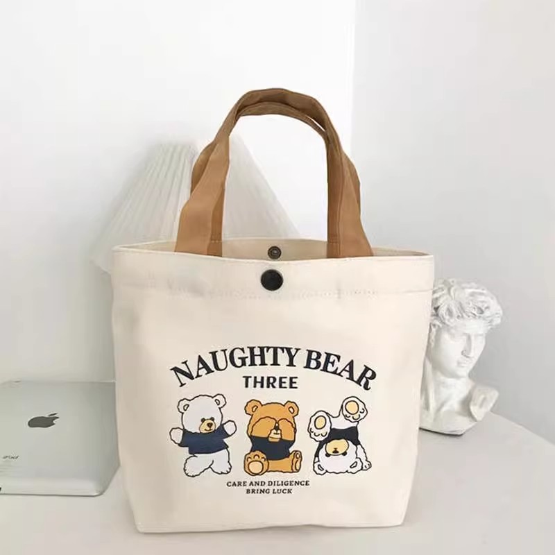 小熊帆布包女学生开学便携上班小号饭袋便当包多功能手提包帆布袋