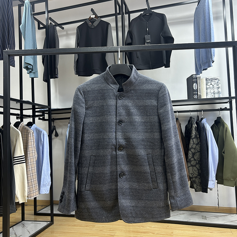 中式立领羊毛混纺单排扣毛呢大衣商务休闲修身中长款外套